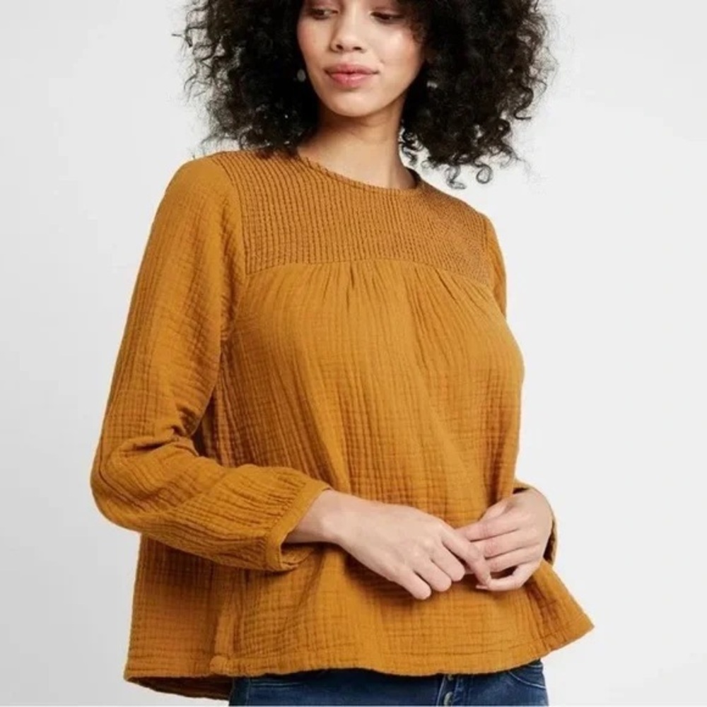 Madewell Women Long Puff Sleeve Mustard Yellow Waffle Knit Georgette Top Small